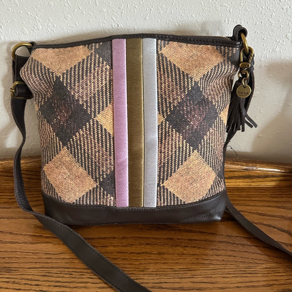 The Sak Plaid Crossbody Bag with Brown and Pink Stripes